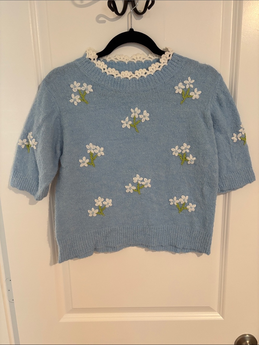 BiBi Light Blue Short Sleeve Sweater with White Floral Embroidery